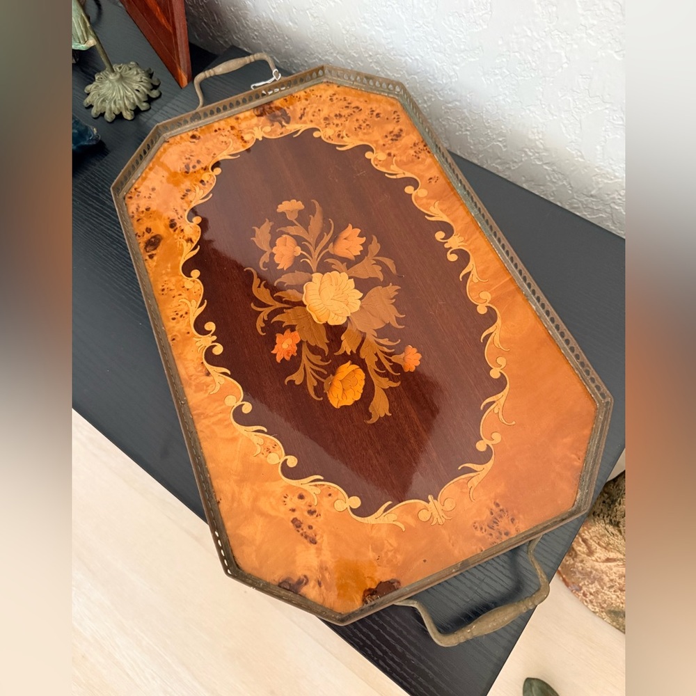 Vintage Italian Floral Wood Inlay with Brass Serving / Vanity Tray -